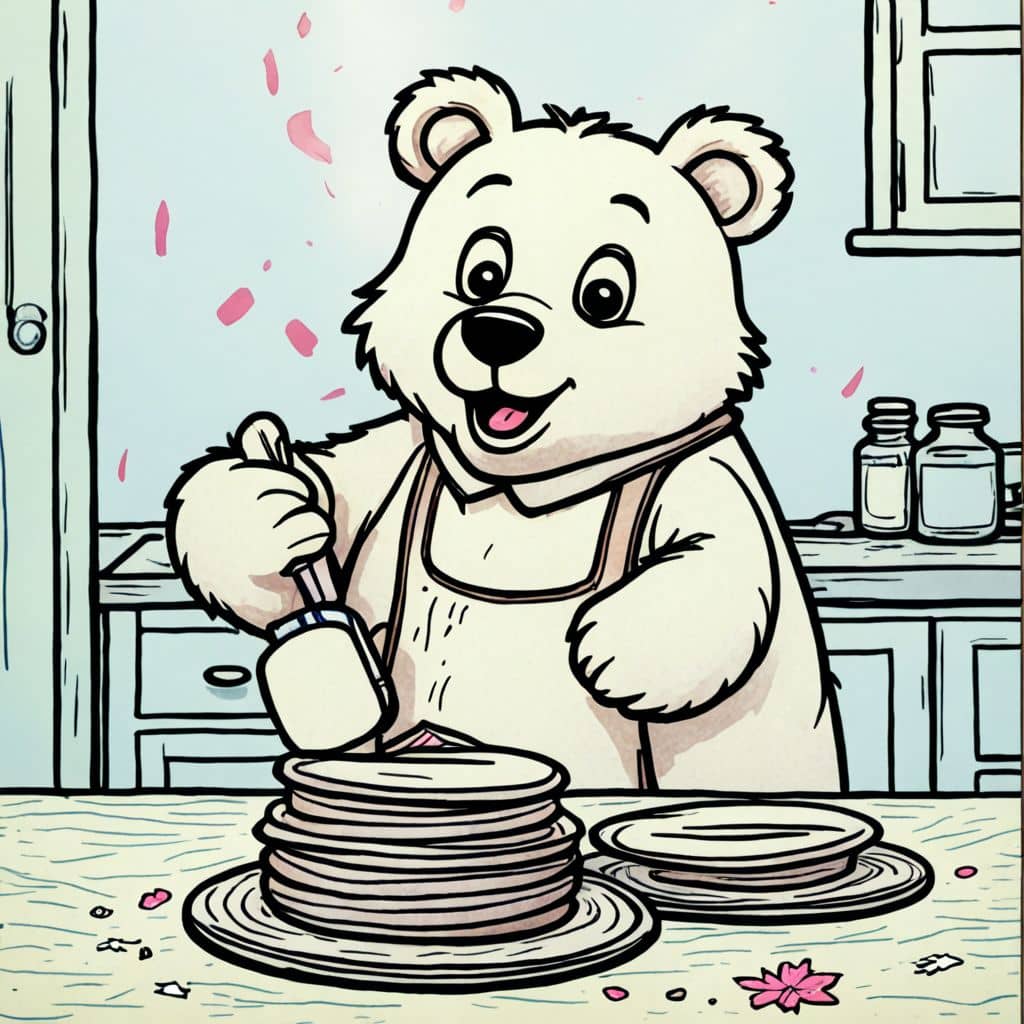 Colored Bear flipping pancakes