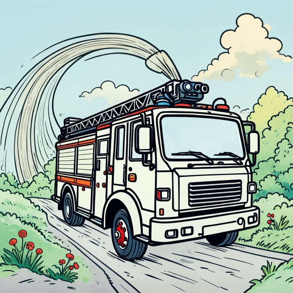 Colored Fire truck spraying water on a slide