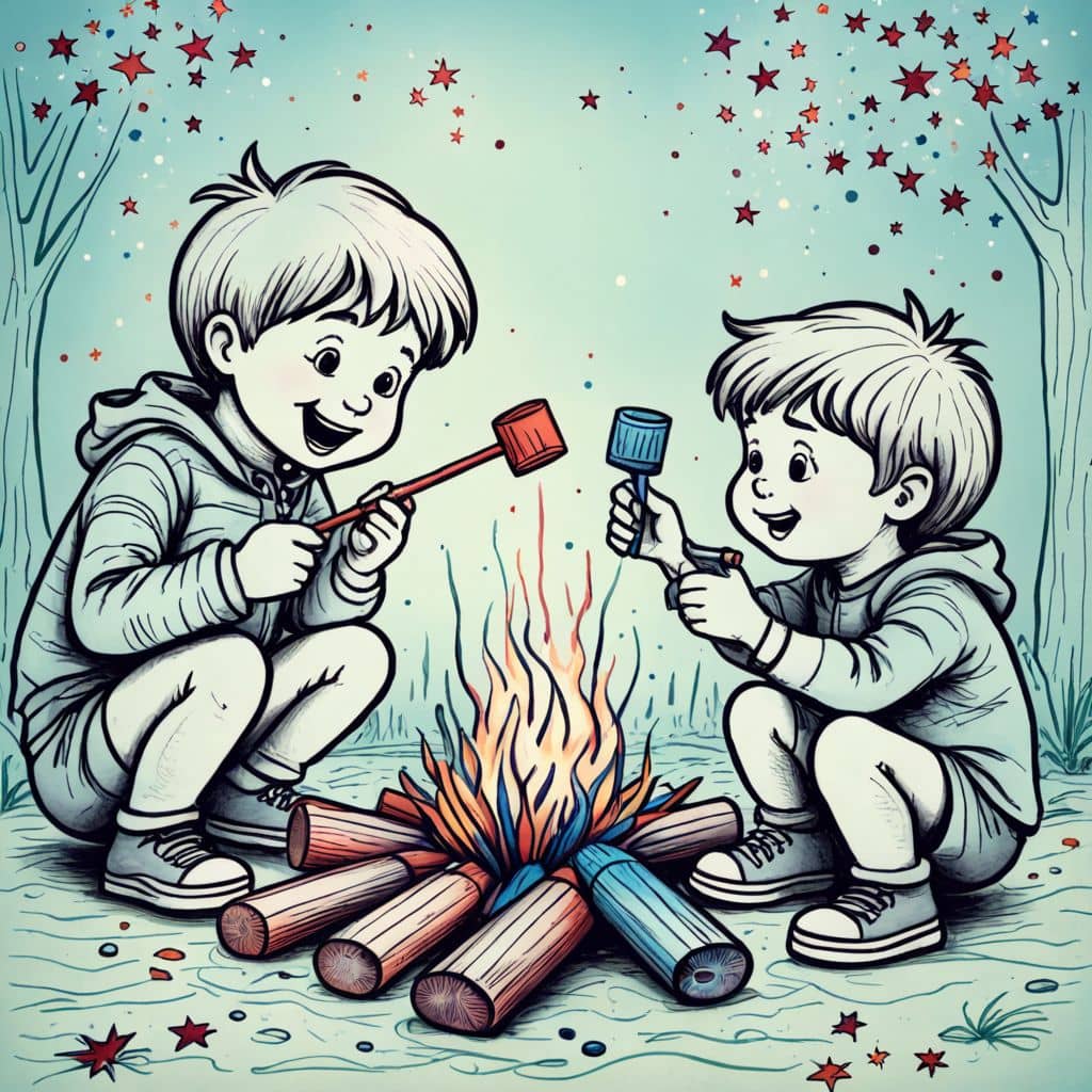Colored Kids toasting marshmallows over the fire