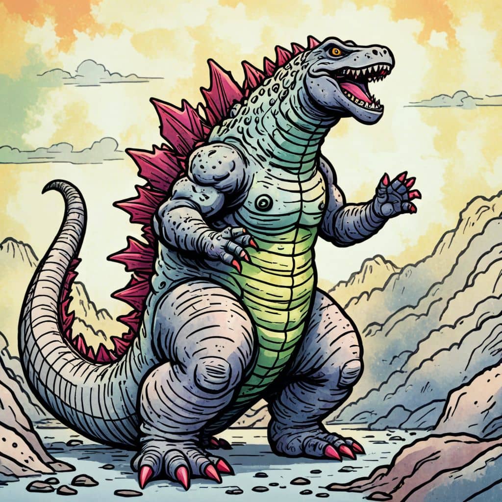 Colored Godzilla roaring fiercely
