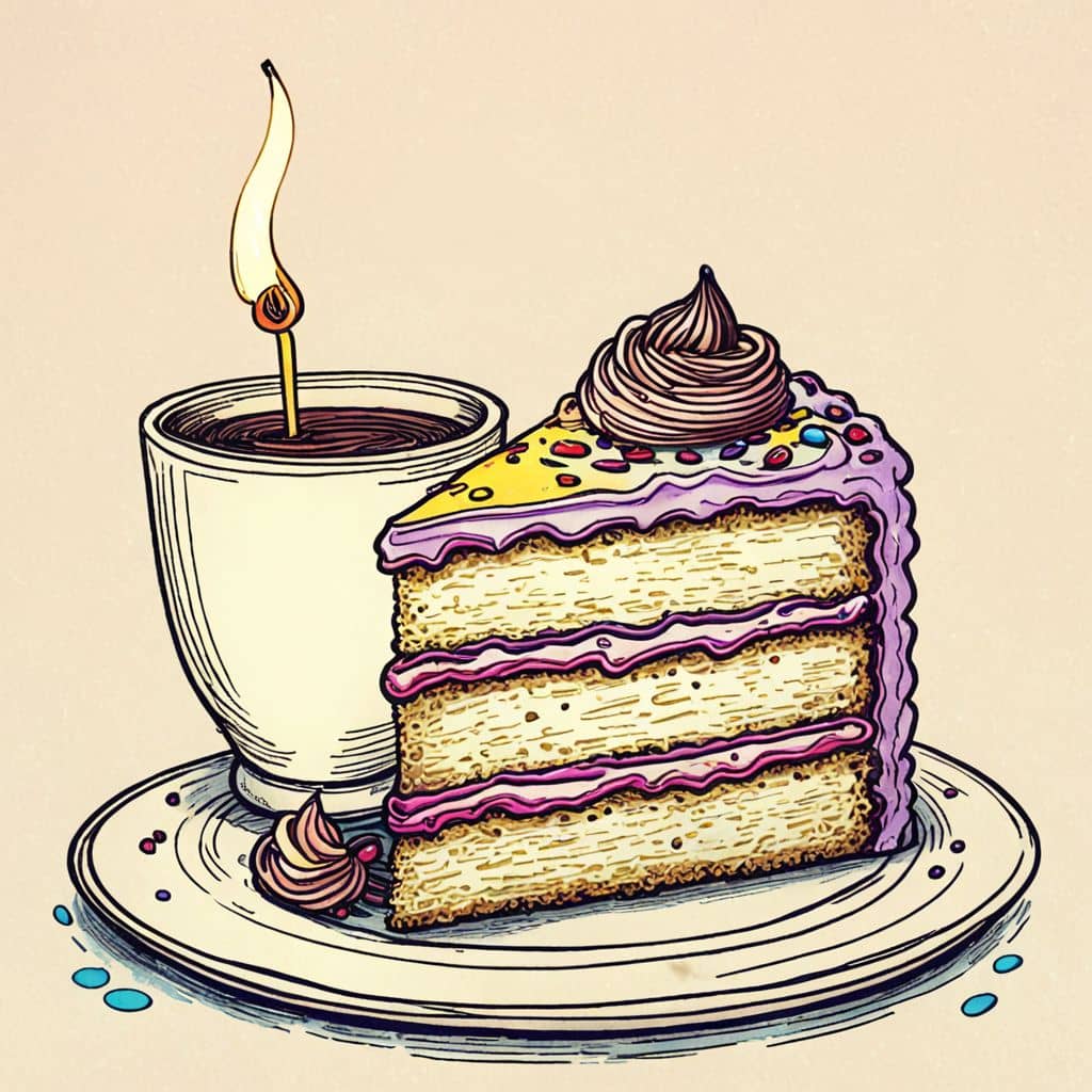 Colored Cake next to a coffee cup