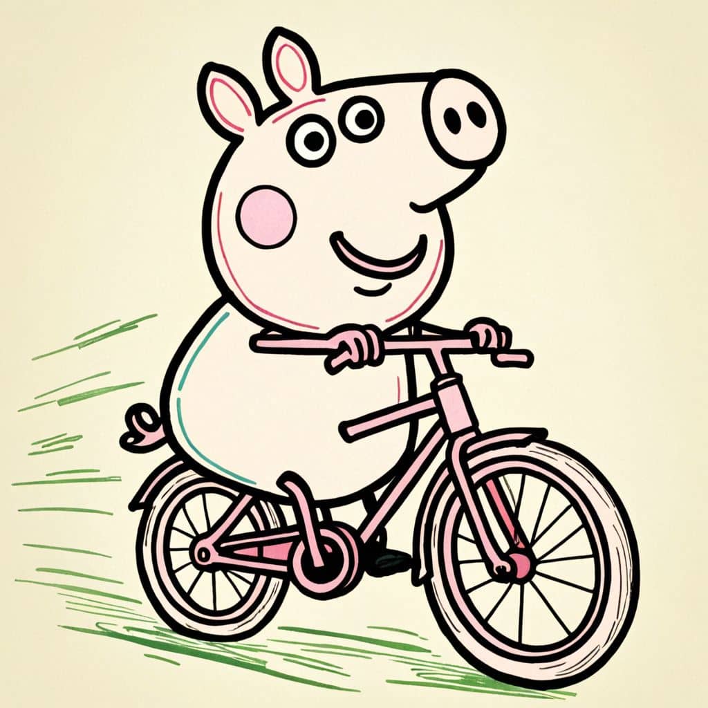 Colored George Pig riding a bike