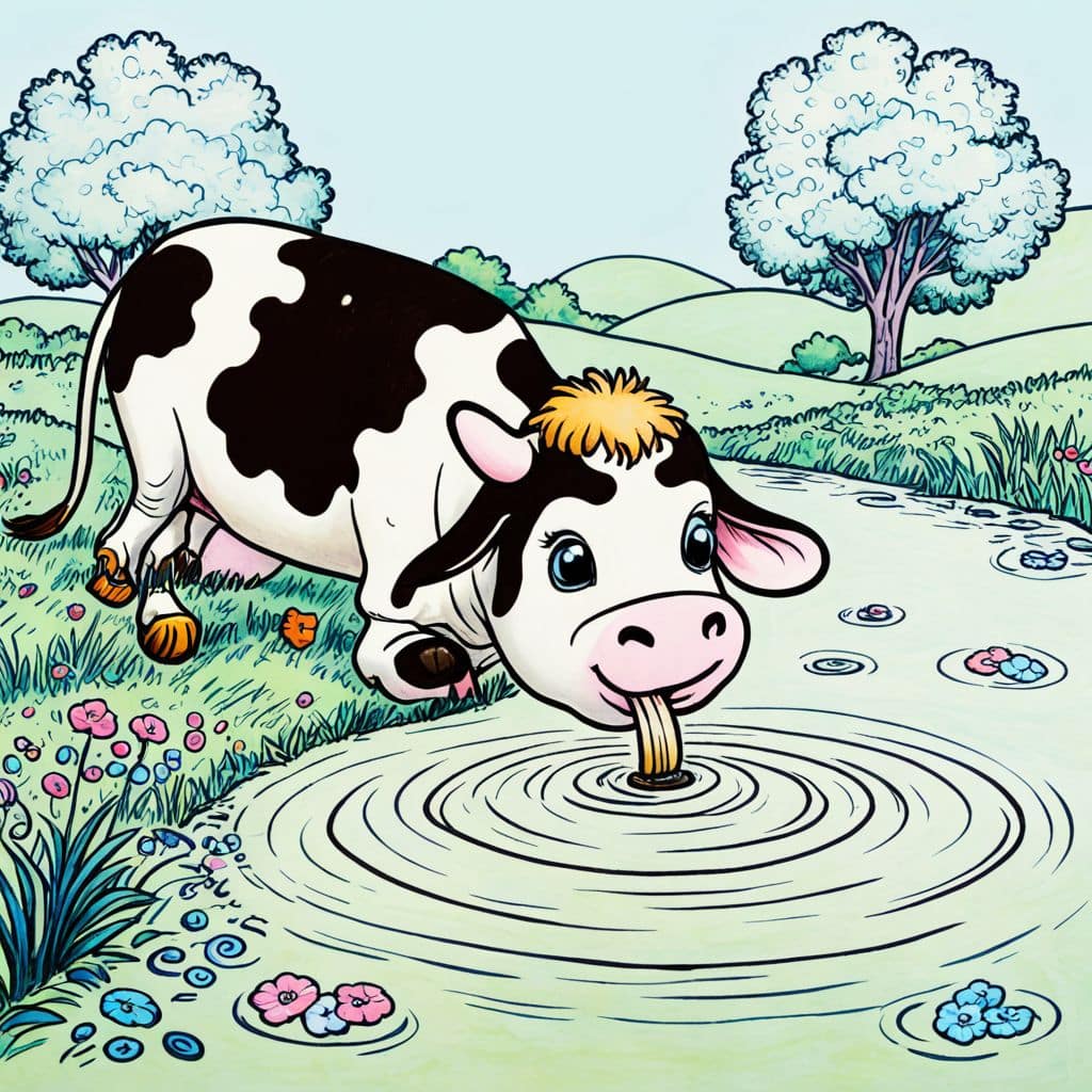 Colored Cow drinking from a pond