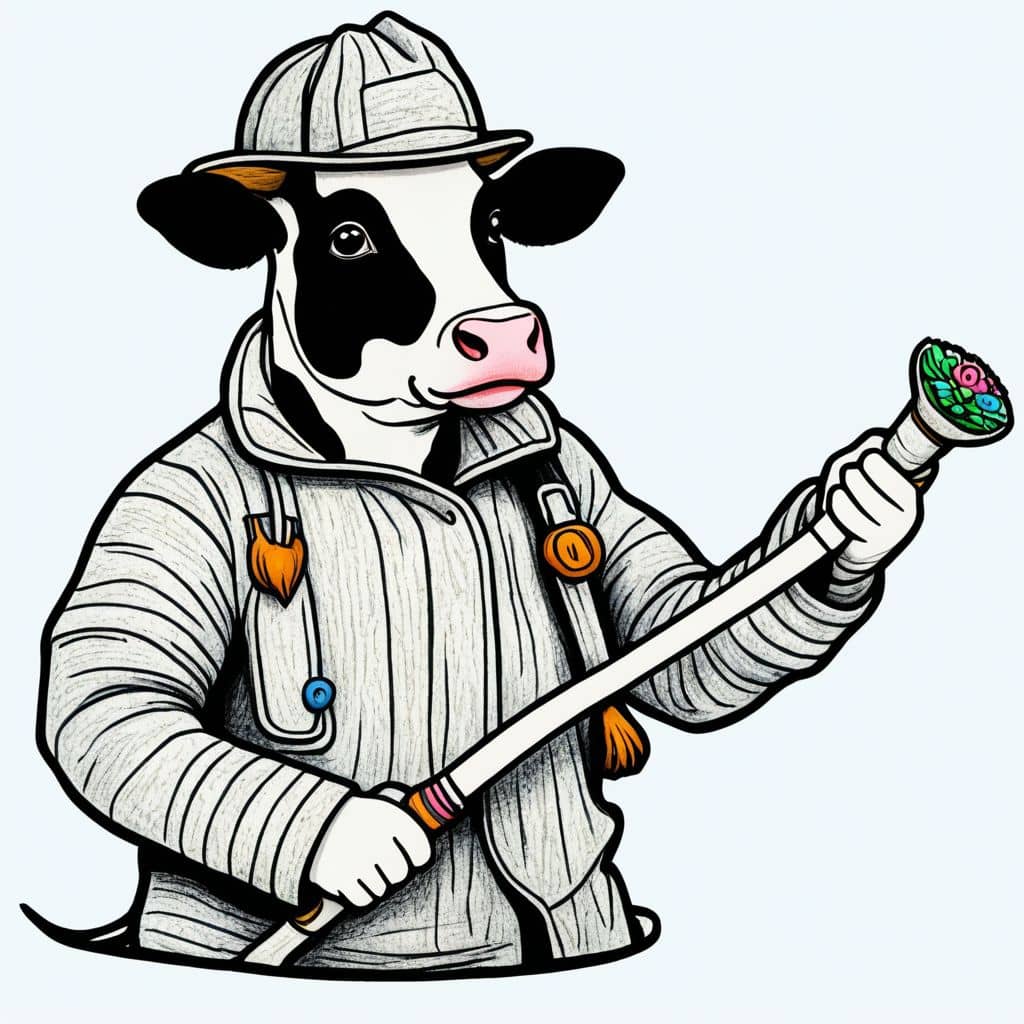 Colored  Firefighter Cow operating the hose