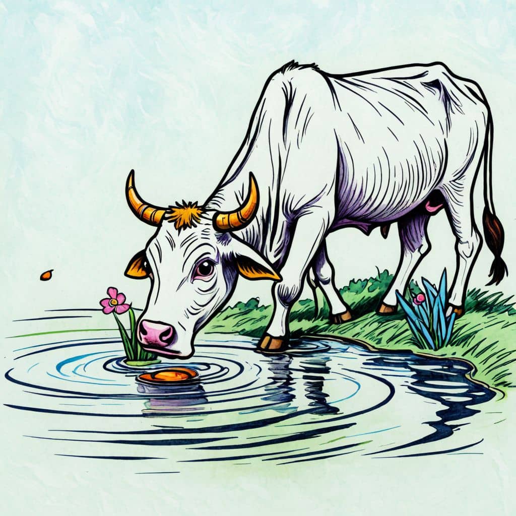 Colored Cow drinking from pond
