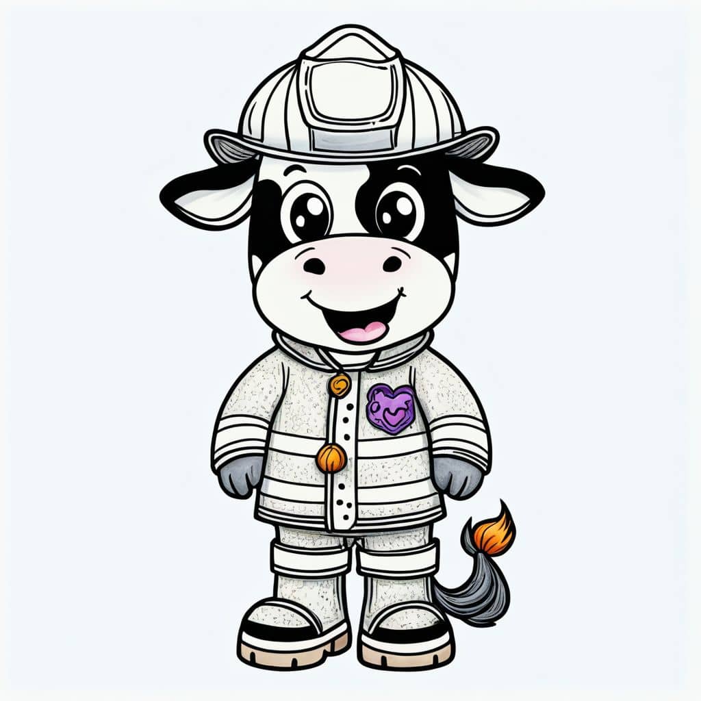 Colored  Cow wearing firefighter gear.