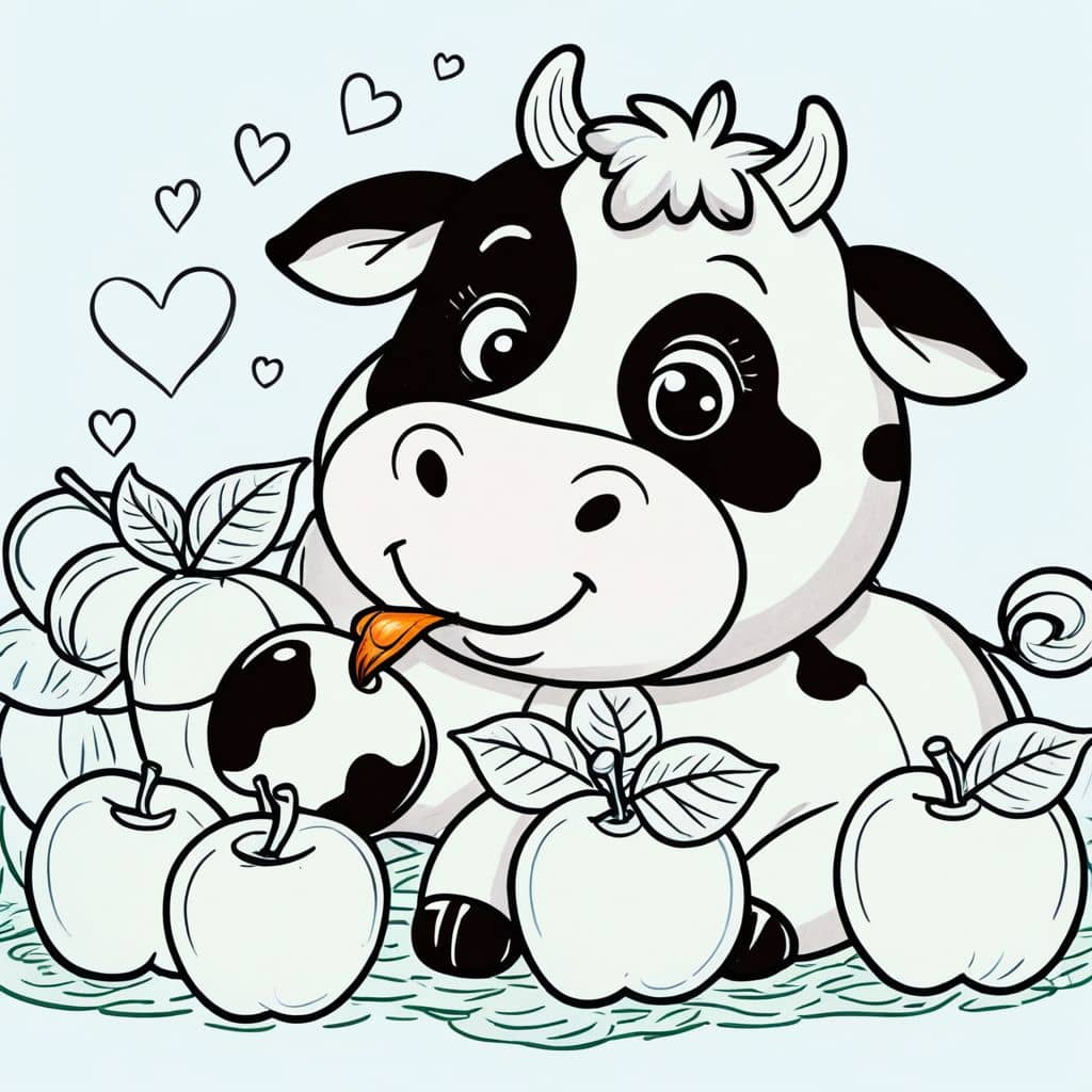 Colored Cow eating juicy apples