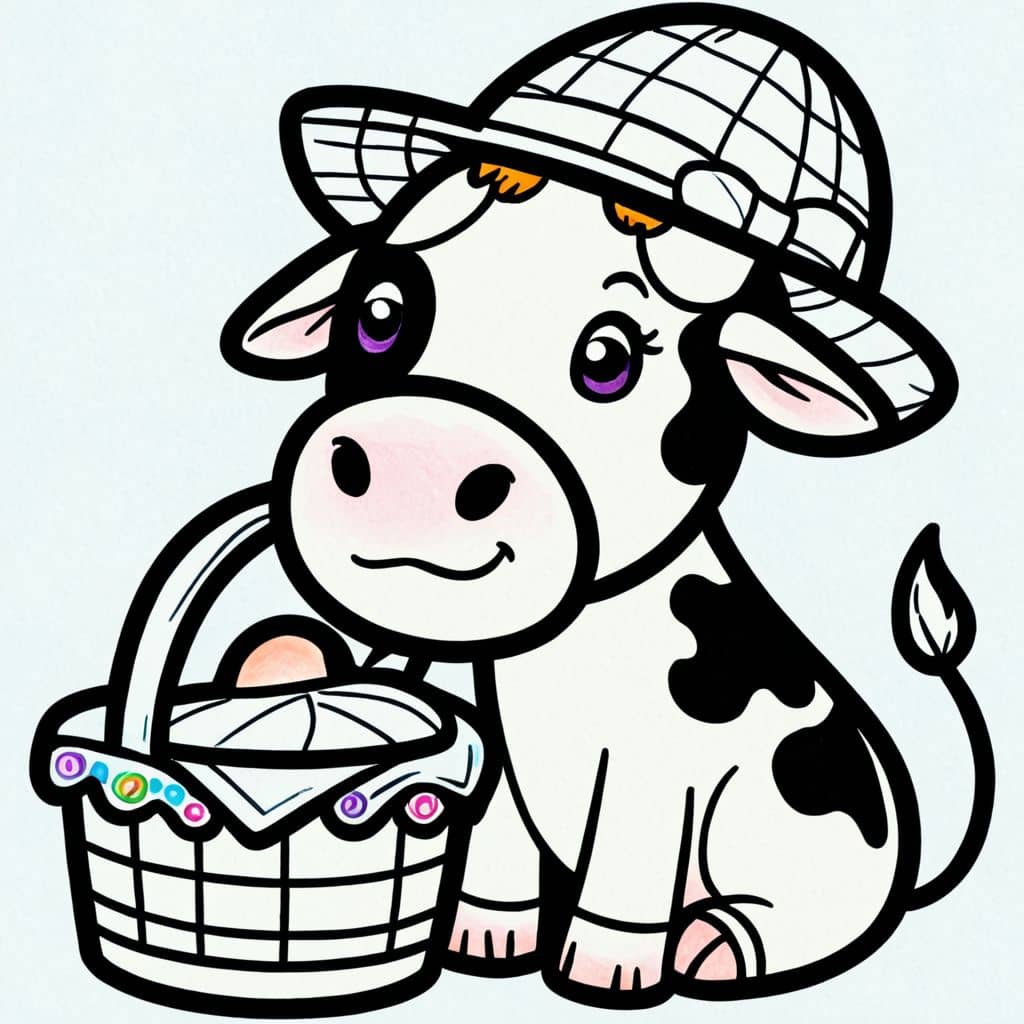 Colored cow wearing picnic hat