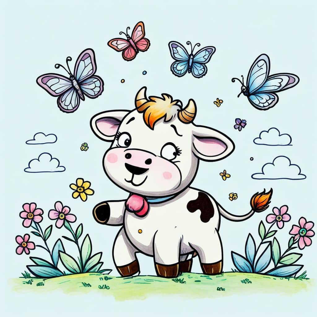 Colored cow playing with butterflies