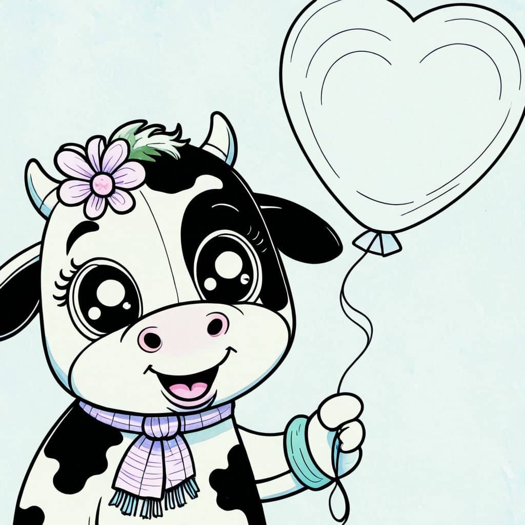Colored Cow holding a heart balloon