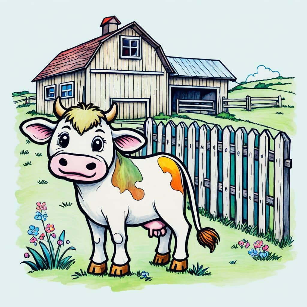Colored Cow near barn fence