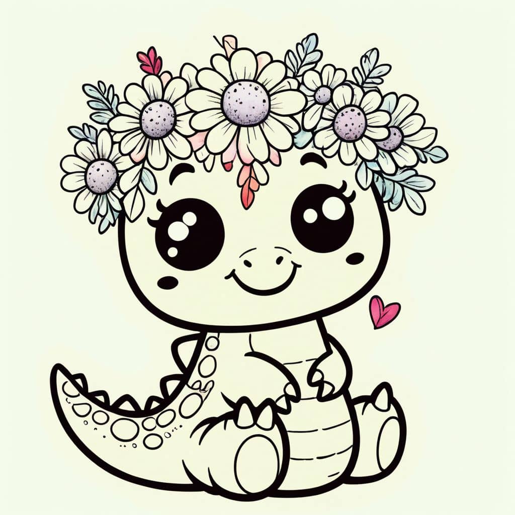 Colored Dinosaur sporting flower crown.
