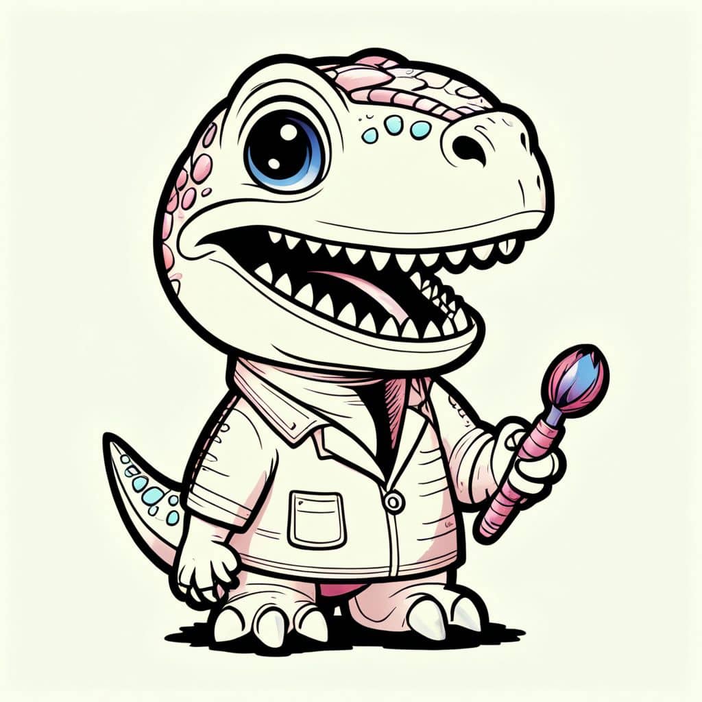 Colored Velociraptor dentist checking teeth.