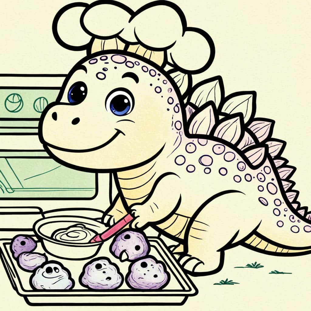 Colored Stegosaurus baking cookies