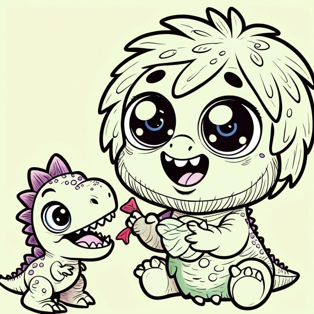 Colored Caveman feeding baby dinosaur