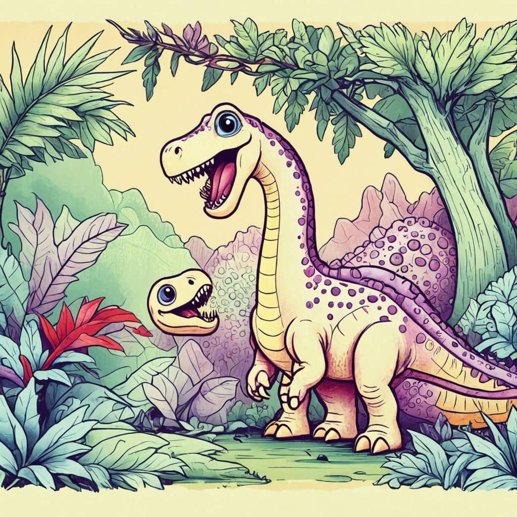 Colored Diplodocus feeding her hatchling