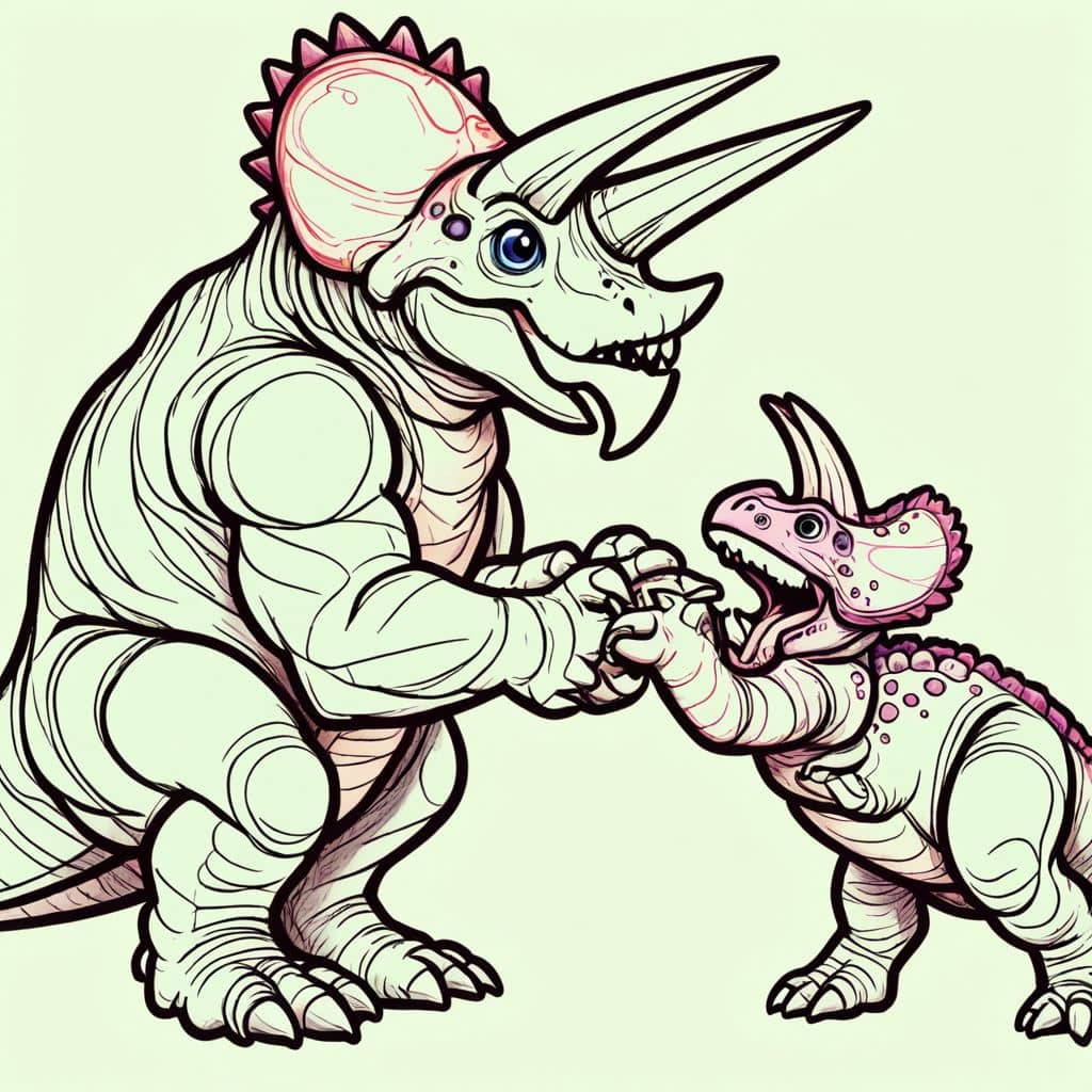 Colored Triceratops dad teaching combat