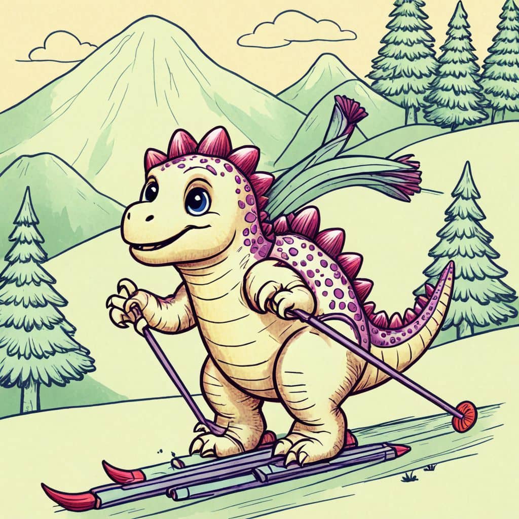 Colored Stegosaurus Skiing Downhill