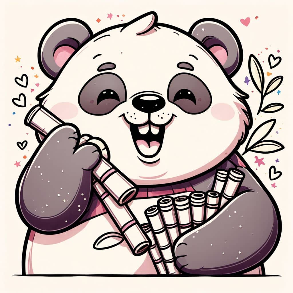 Colored Cheerful Panda Eating Bamboo