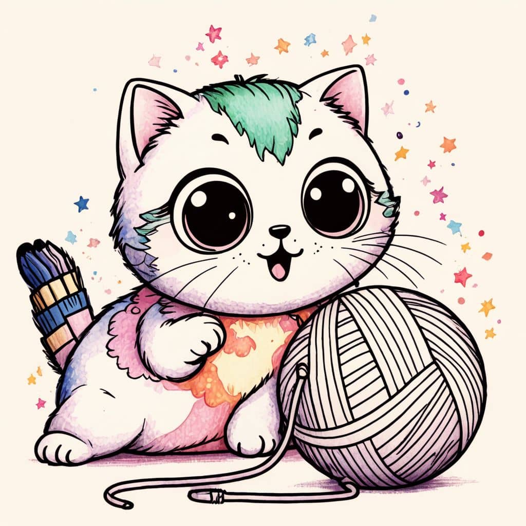 Colored Surprised Kitten Finding Yarn
