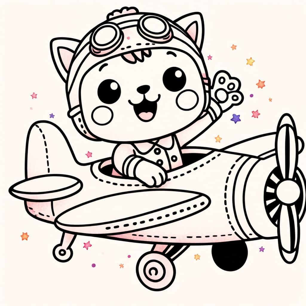 Colored Kittycat Pilot Flying Airplane