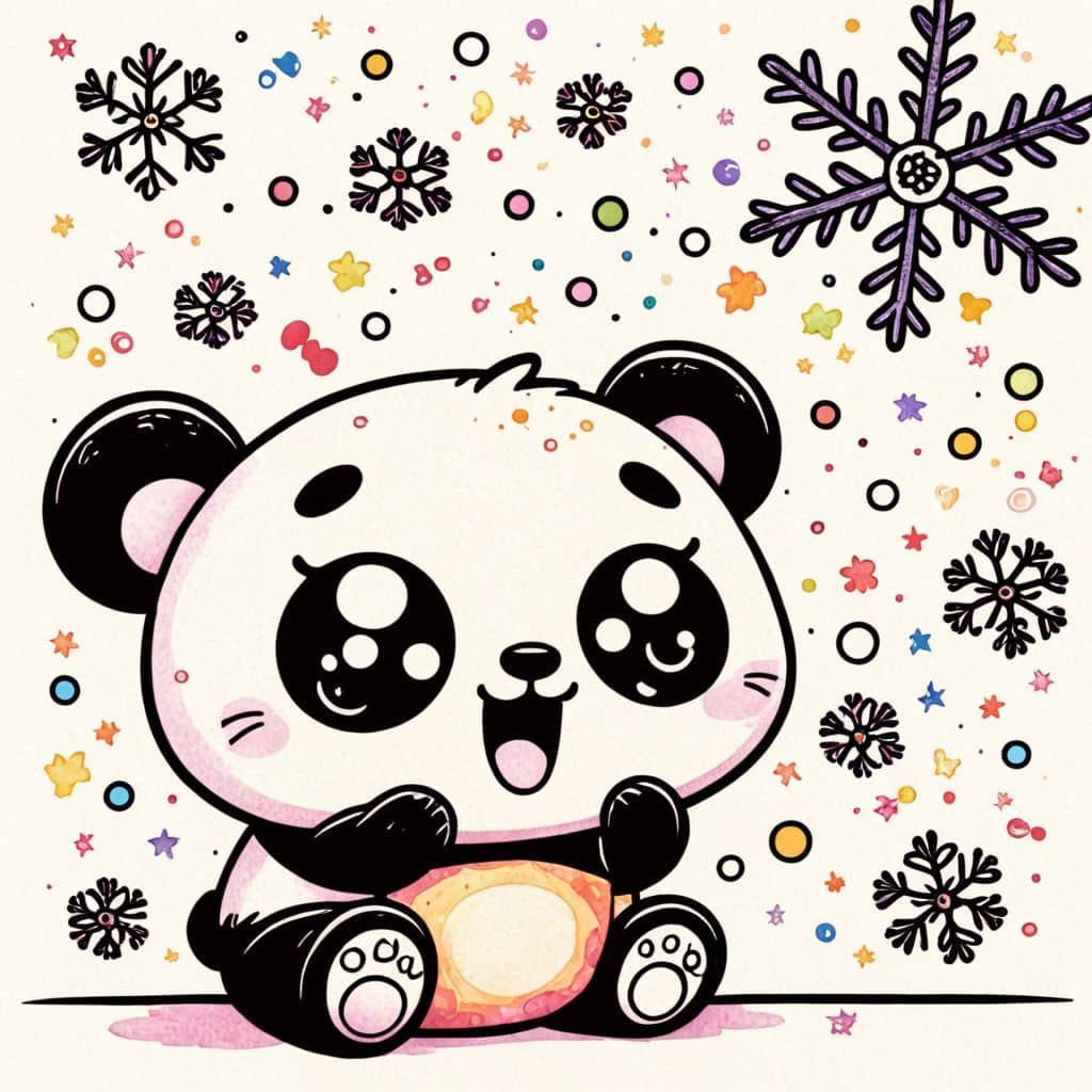 Colored Panda playing with snowflakes.