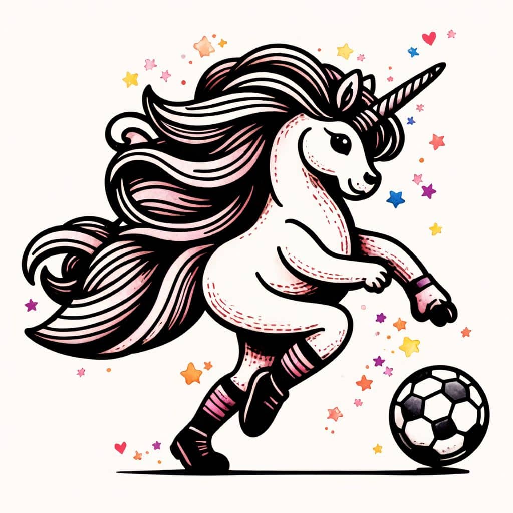 Colored Unicorn Playing Soccer