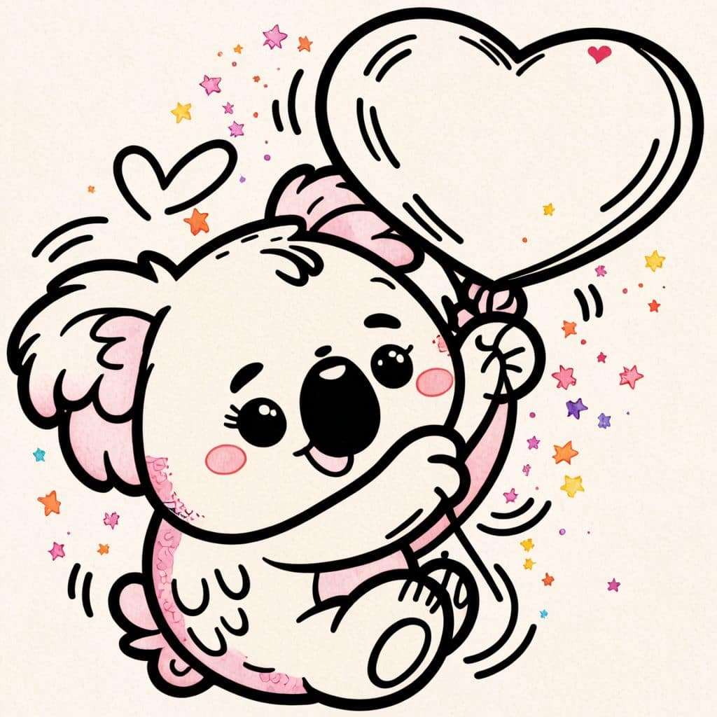 Colored Koala Clinging onto Heart Balloon