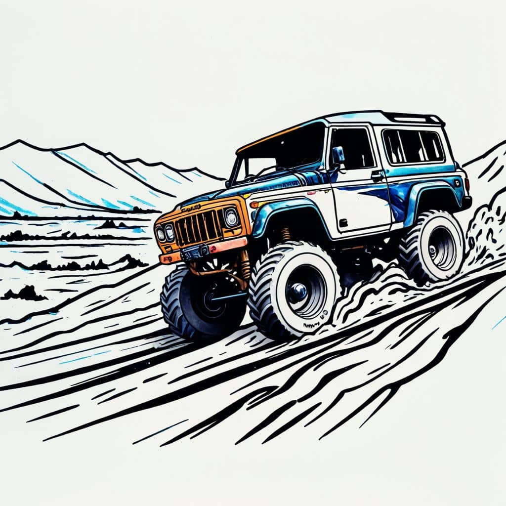 Colored Truck flying over dirt hills