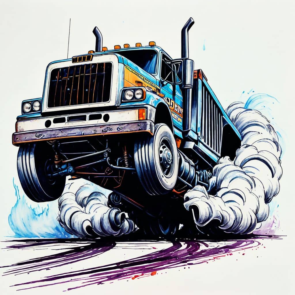 Colored Truck performing thrilling freestyle stunt