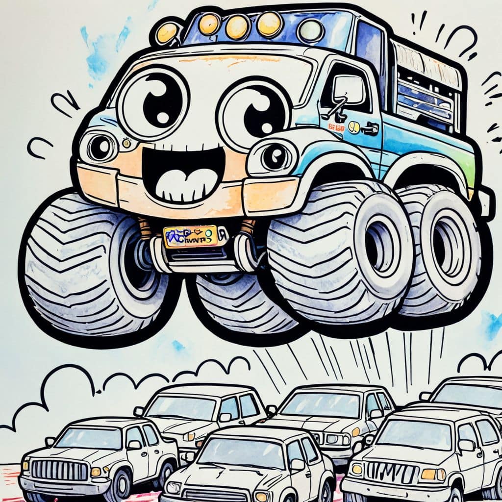 Colored Monster truck jumping cars