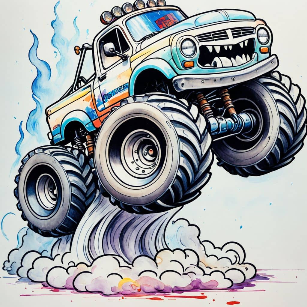 Colored Fiery monster truck stunt