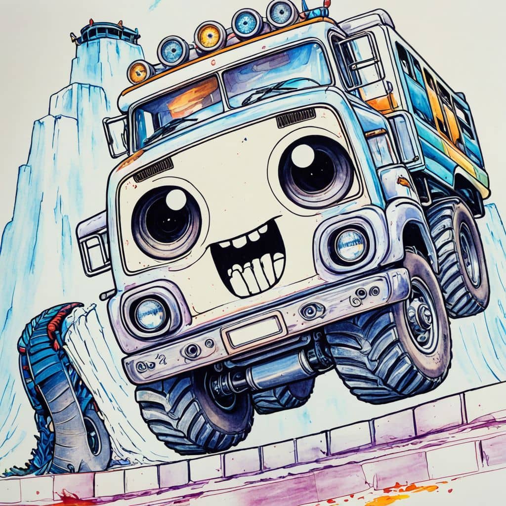 Colored Truck jumping over Great Wall