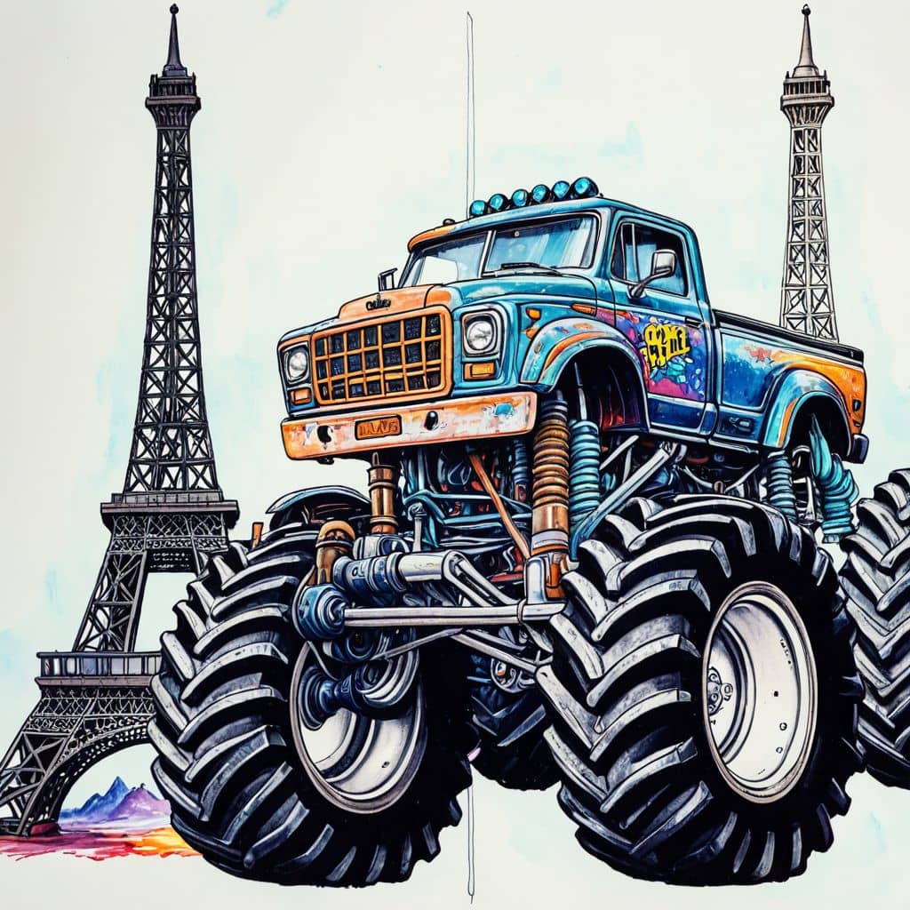 Colored Monster truck near Eiffel Tower