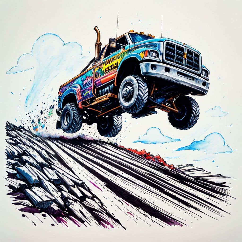 Colored Truck soaring over dirt hill