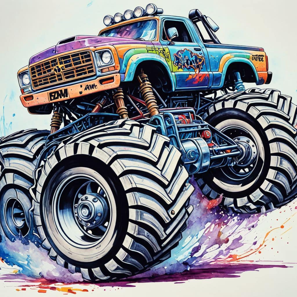 Colored Monster Jam truck mid-spin