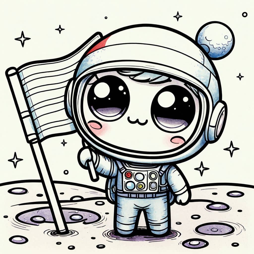 Colored Astronaut planting flag on Moon