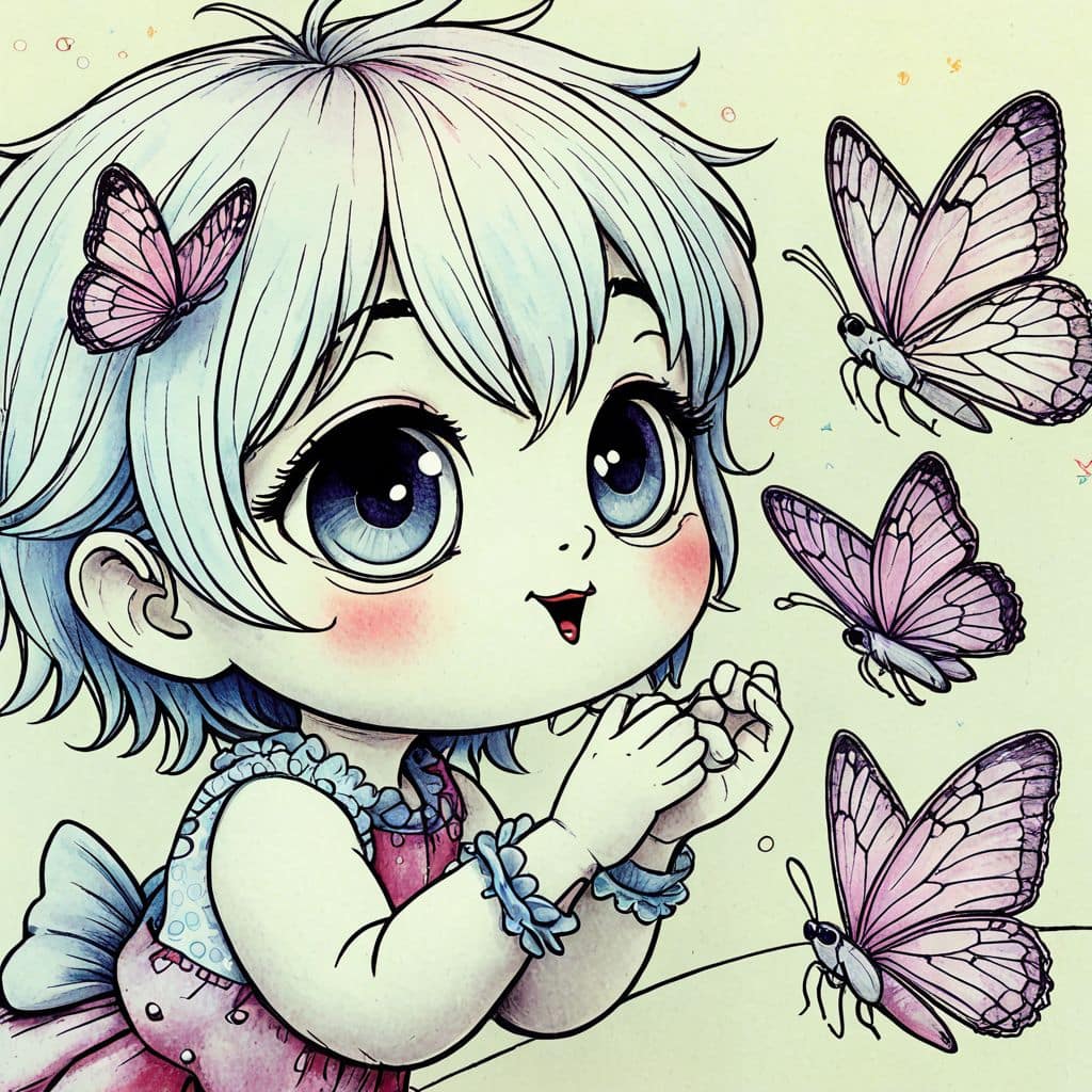 Colored Child observing butterflies