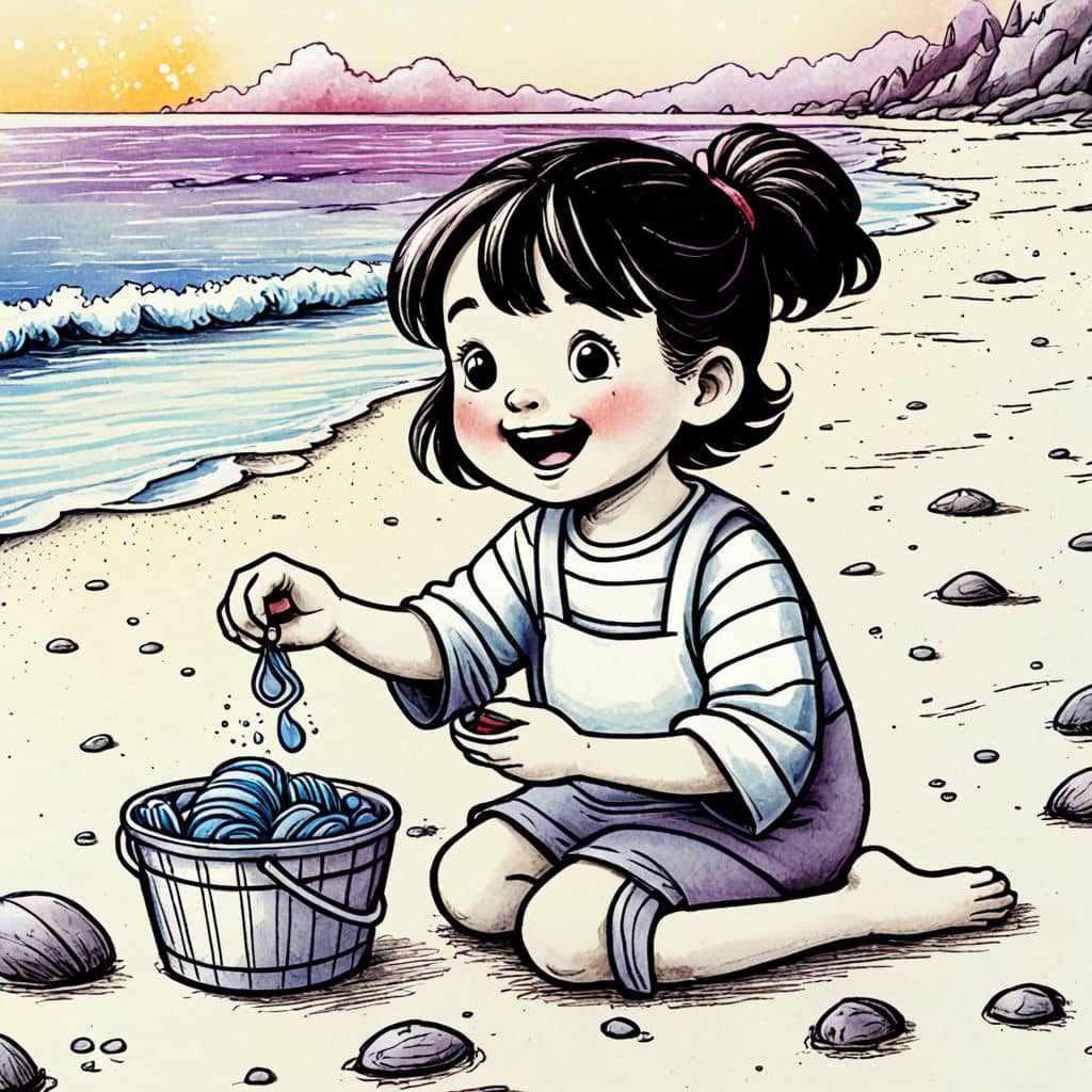 Colored girl collecting seashells