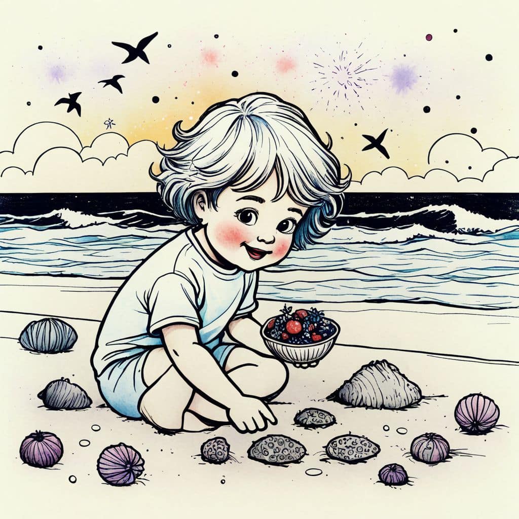 Colored Child discovering seashells