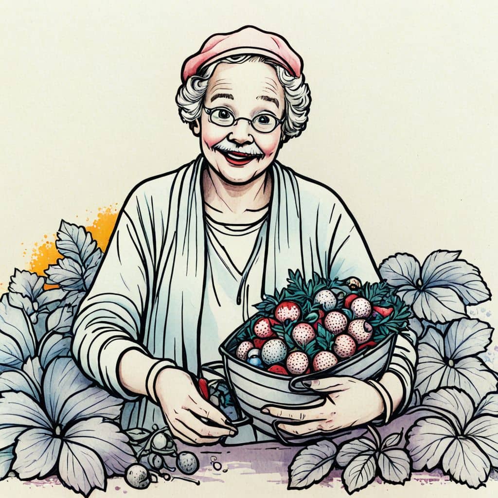 Colored Grandma picking homegrown strawberries