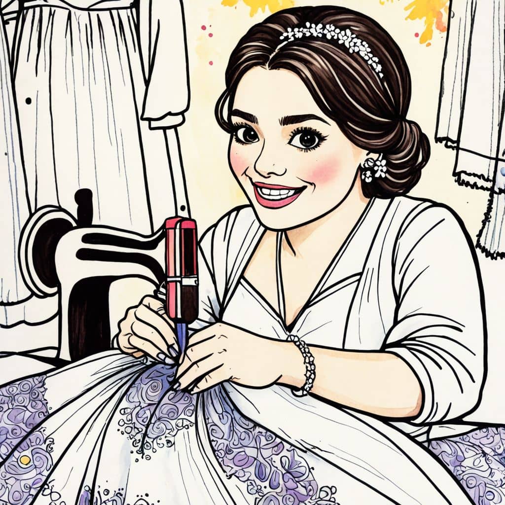 Colored Seamstress sewing dress details.