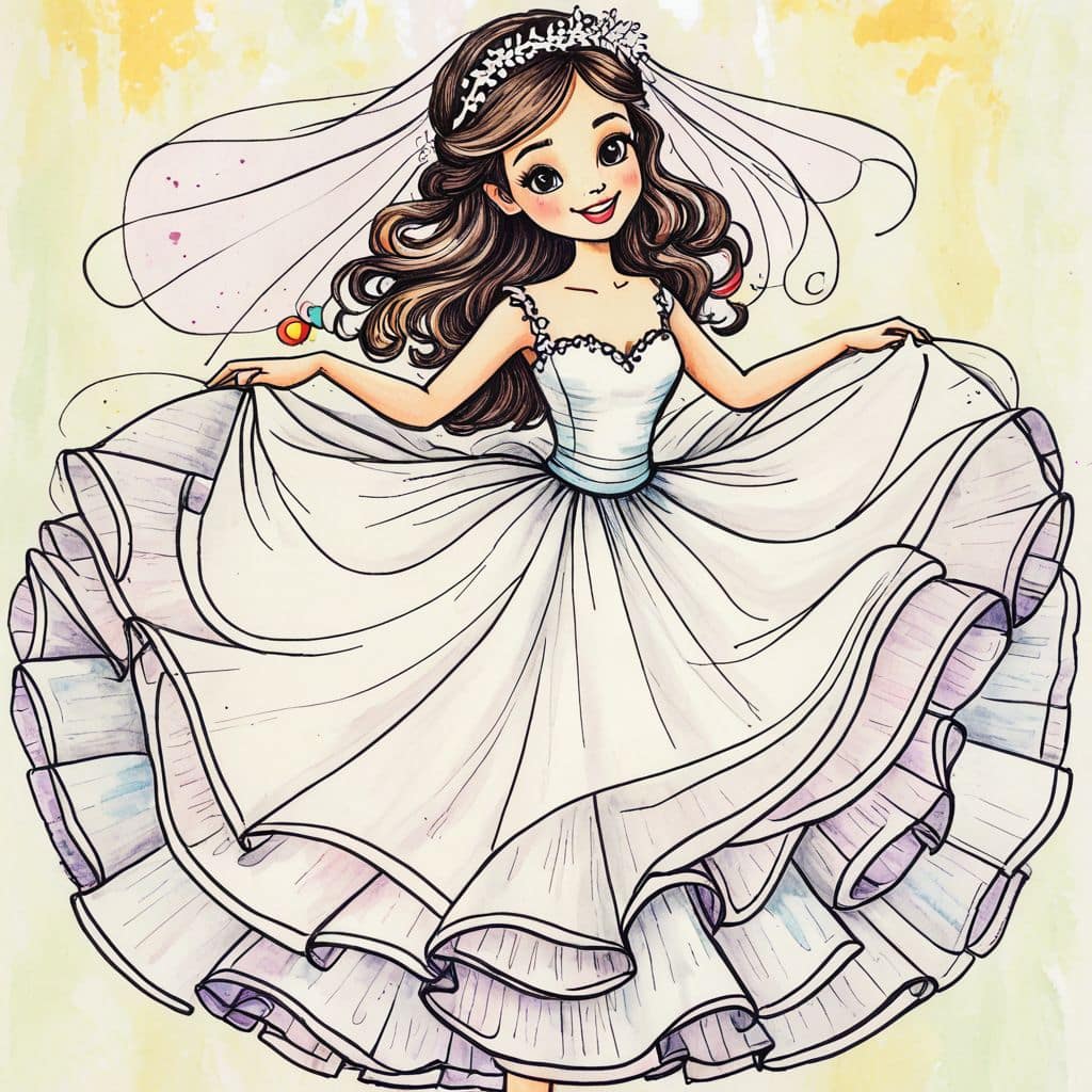 Colored Romantic bride twirling in dress
