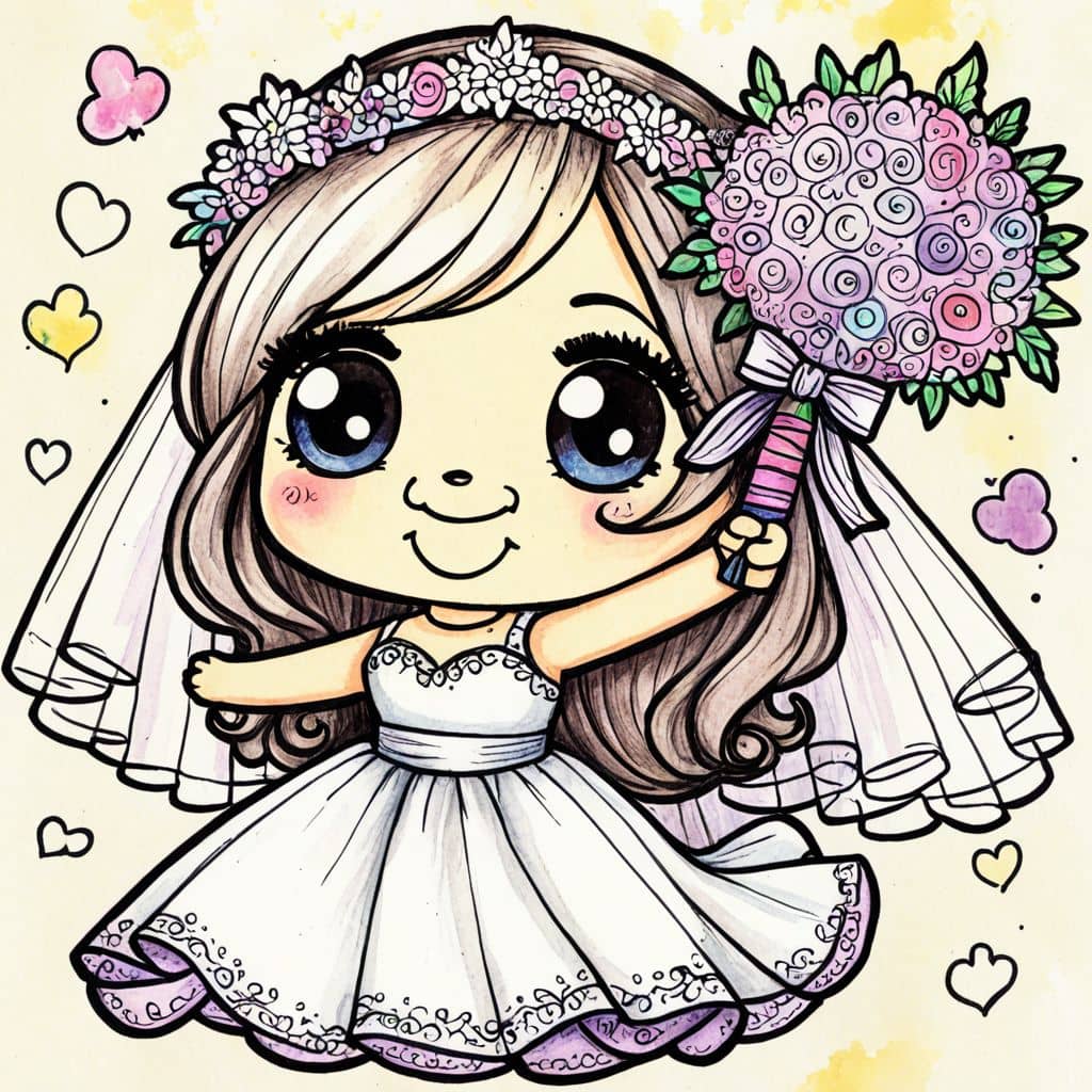 Colored Joyful bride tossing her bouquet.