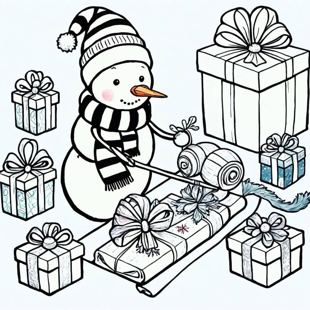 Colored Snowman wrapping gifts