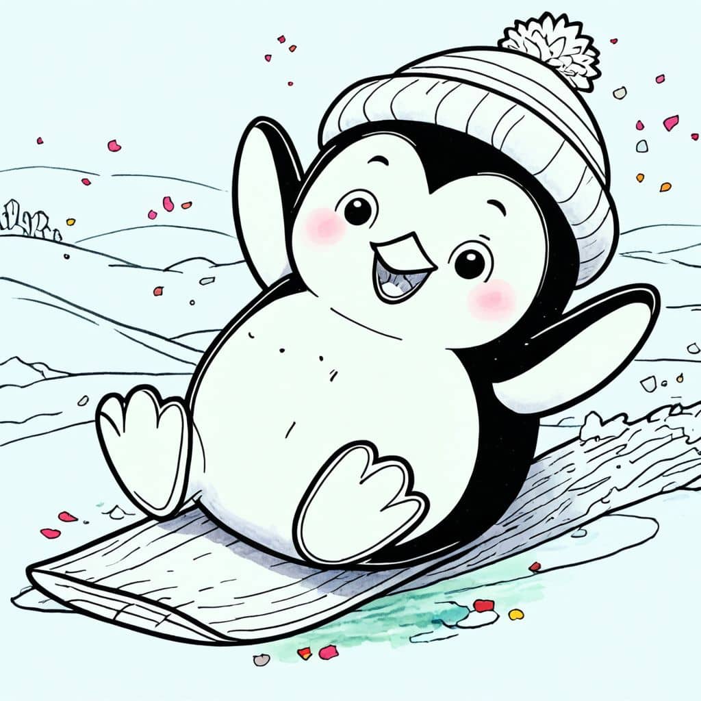 Colored Penguin sliding on ice