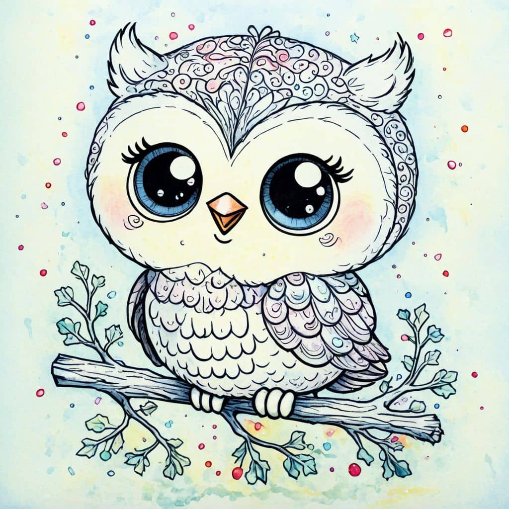 Colored Owl perched on frosted branch