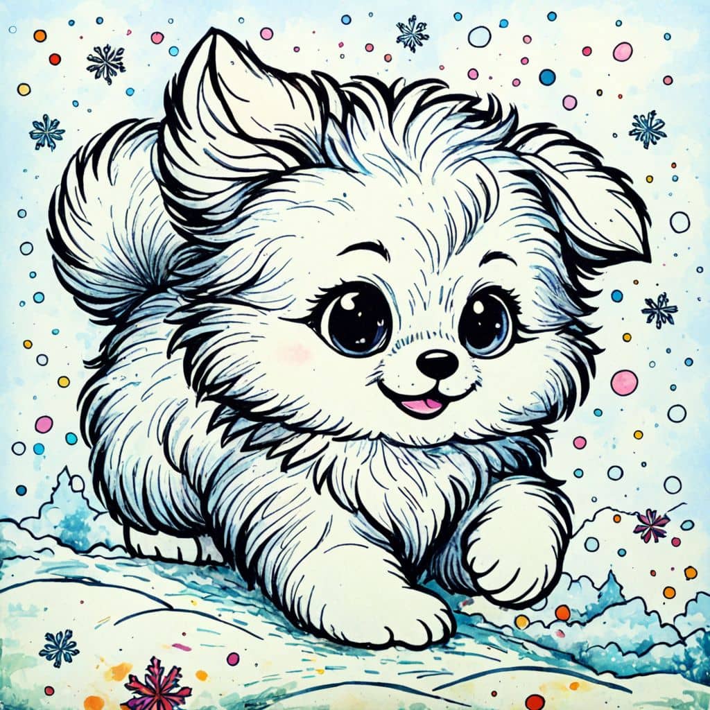 Colored Puppy playing in snow
