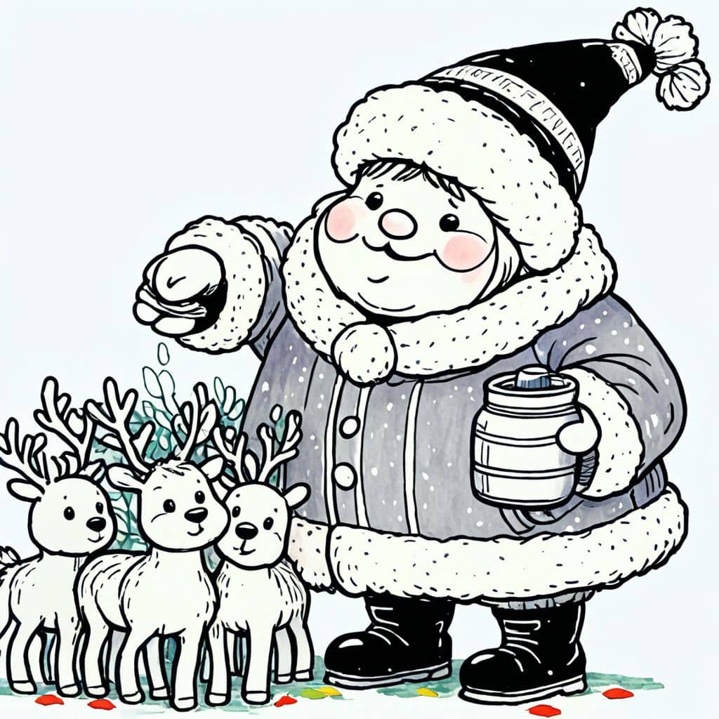 Colored Santa feeding reindeer