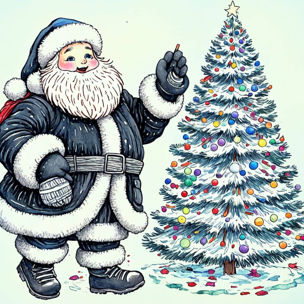Colored Santa decorating tree